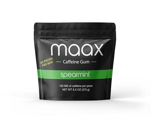 Maax Caffeine Energy Gum | 125mg of caffeine per piece | Spearmint | 125 total pieces per bag | Focus Supplement