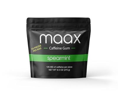 Maax Caffeine Energy Gum | 125mg of caffeine per piece | Spearmint | 125 total pieces per bag | Focus Supplement