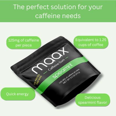 Maax Caffeine Energy Gum | 125mg of caffeine per piece | Spearmint | 125 total pieces per bag | Focus Supplement