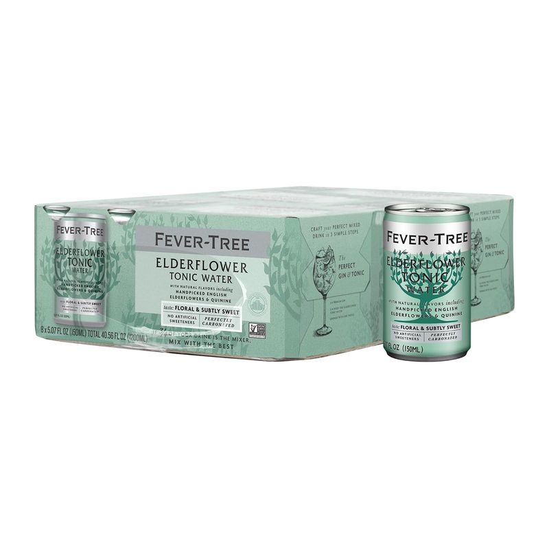 Fever Tree Elderflower Tonic Water - Premium Quality Mixer - Refreshing Beverage for Cocktails &amp; Mocktails. Naturally Sourced Ingredients, No Artificial Sweeteners or Colors - 150 ML Cans - Pack of 24