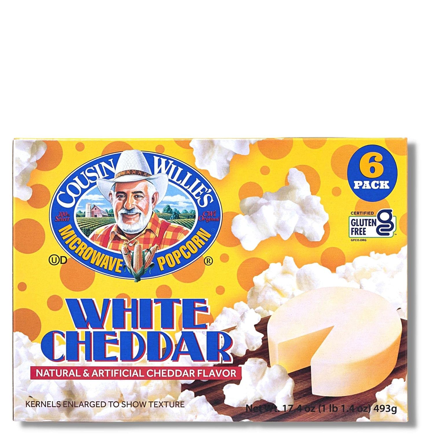 Cousin Willie&#39;s Microwave Popcorn Bags, White Cheddar (6 bags), Gourmet Popcorn Boxes for Party, Whole Grain Popcorn, Gluten Free, Low Calorie Healthy Snack, Made in USA, non-GMO