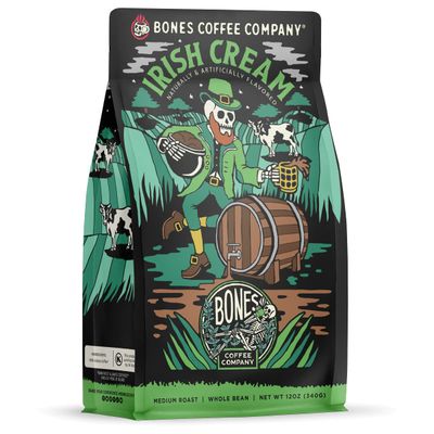 Bones Coffee Company Irish Cream Whole Coffee Beans Nutty Flavor, Low Acid Flavored Coffee, Made with Arabica Coffee Beans, Medium Roast Gourmet Coffee, Coffee Lover Gift Ideas (12 oz)