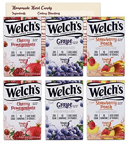 Ballard Products Welchs Singles to Go Variety Pack | 2 Box Each of 3 Flavors - Grape, Strawberry Peach and Cherry Pomegranate | Bundled with Ballard Hard Candy Recipe Card, 6 Count (Pack of 6)