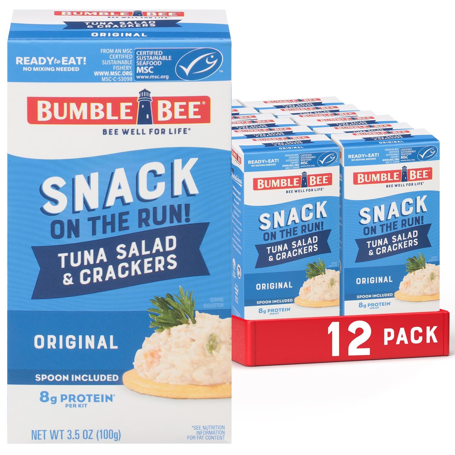 Bumble Bee Snack On The Run Tuna Salad with Crackers Kit, 3.5 oz (Pack of 12) - Ready to Eat, Spoon Included - Wild Caught Tuna - Shelf Stable &amp; Convenient Protein Snack