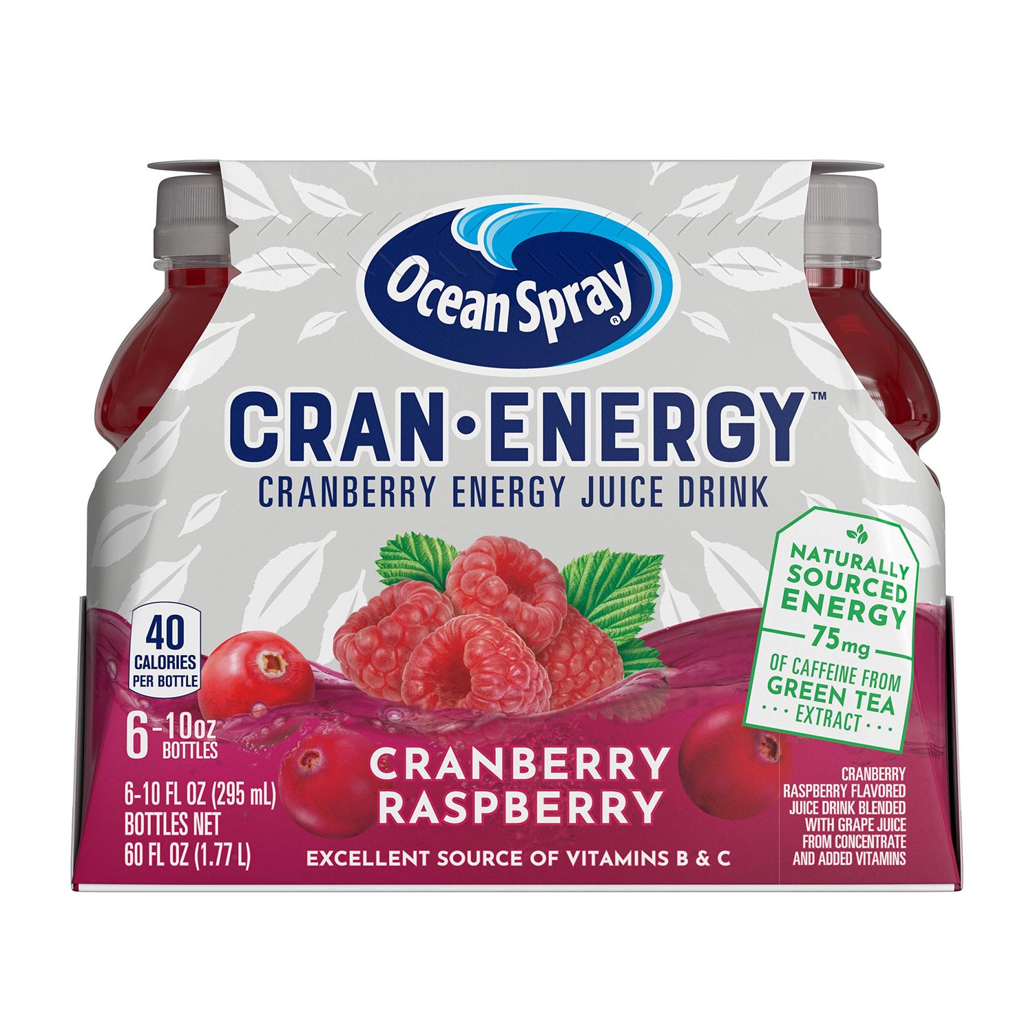 Ocean Spray, Cran-Energy Cranberry Raspberry Energy Juice Drink, 10 Fl Oz Bottles, 6 Ct