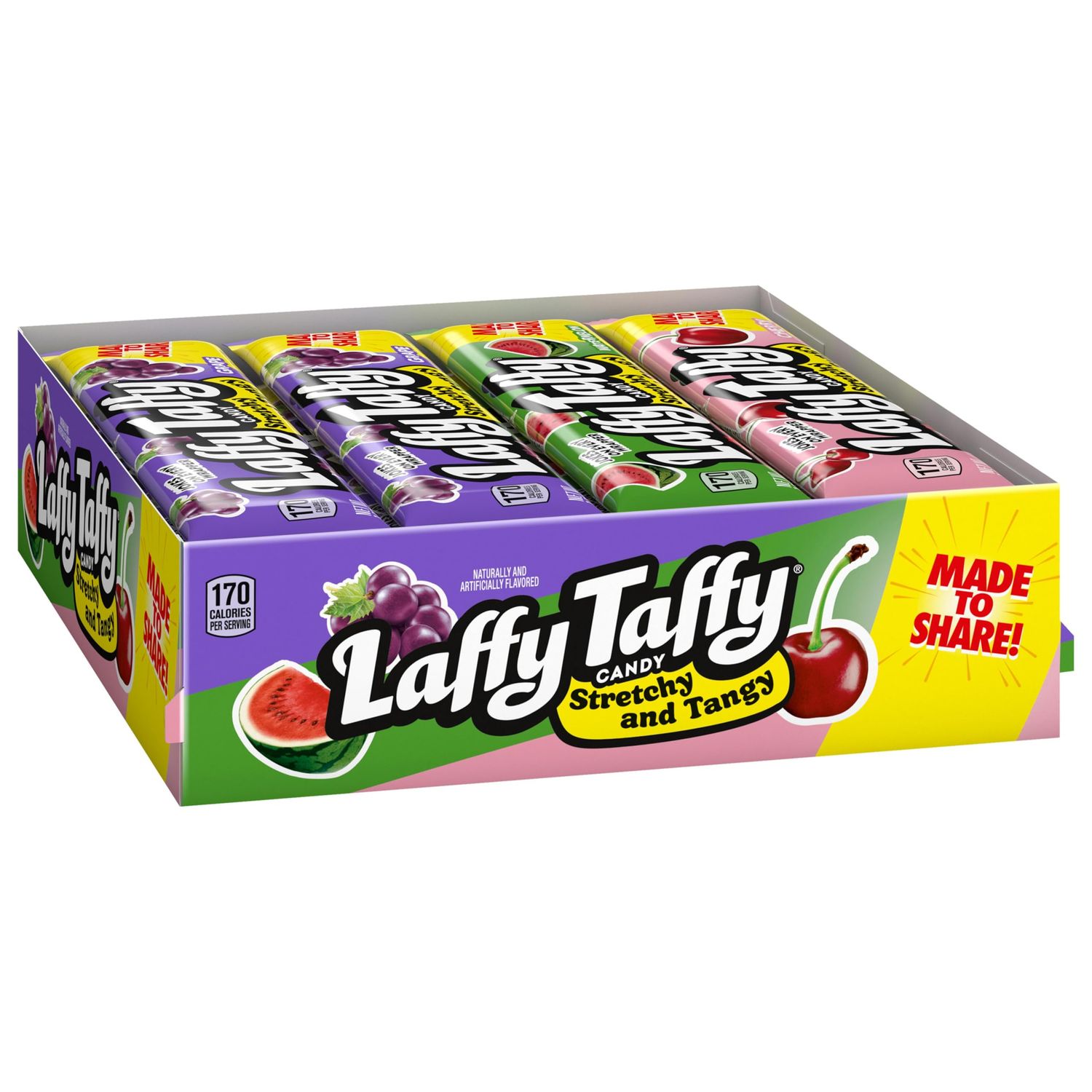 Laffy Taffy Stretchy &amp; Tangy Variety Candy Box, Grape, Watermelon, and Cherry Flavors, 1.5 Ounce Bars (Pack of 24)