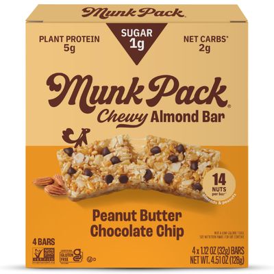 Munk Pack Chewy Granola Bars, Peanut Butter Chocolate Chip - Low Sugar Snacks with 5g Protein, 1g Sugar with Allulose - Gluten Free &amp; Low Glycemic - 12 Count