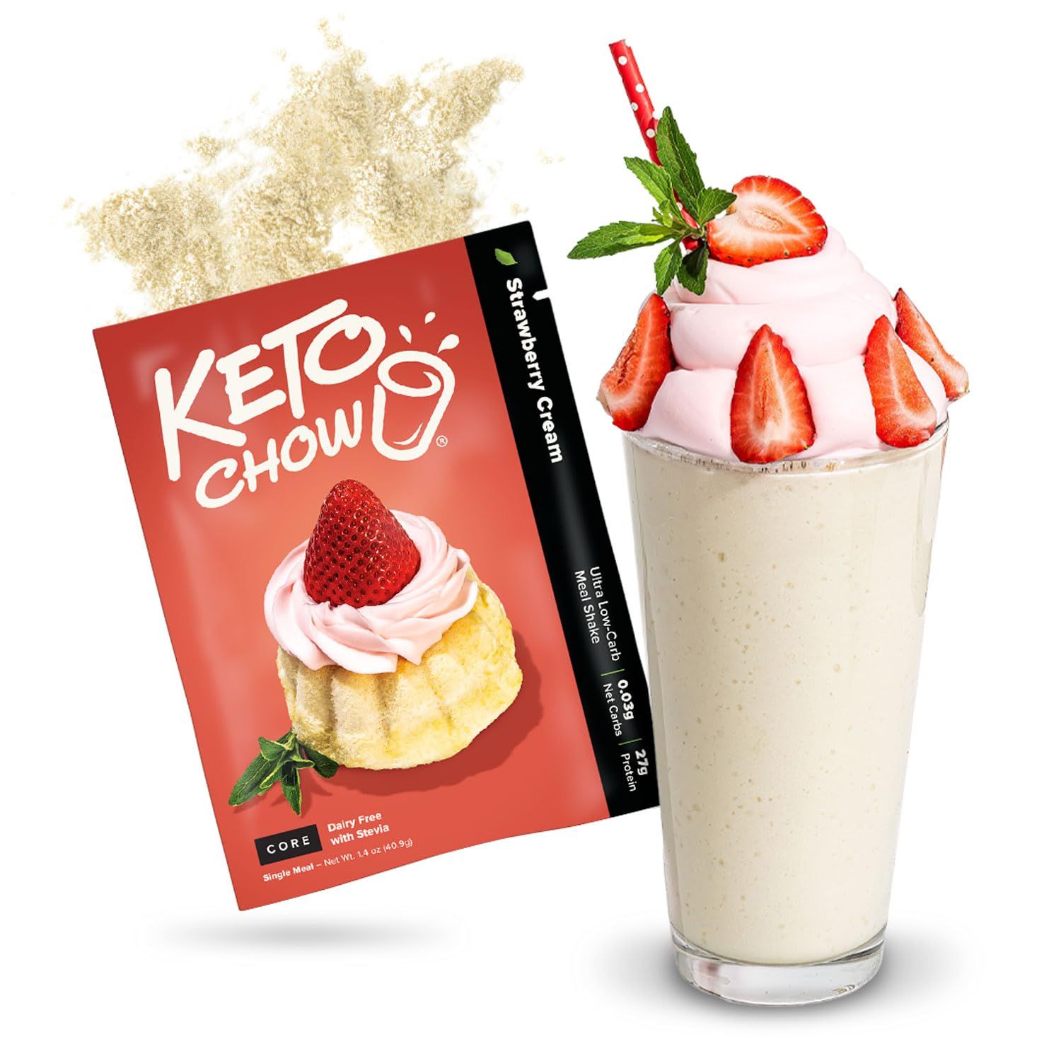 Keto Chow Strawberry Cream Core (w/Stevia) - Keto Meal Replacement Shake Powder - Nutritionally Complete - Low Carb - Delicious Easy Meal Substitute - Protein Rich &amp; Dairy Free - Single Meal Serving