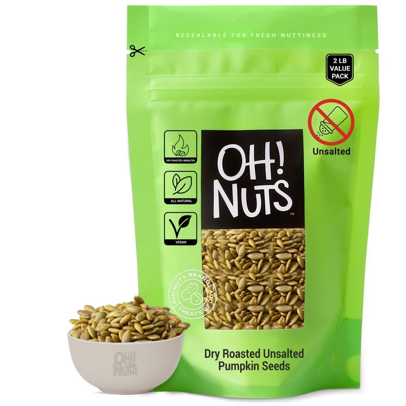 Pumpkin Seeds | Dry Roasted Unsalted | 2 lb | All-Natural Protein Power Unshelled Pepitas | Packed in New York Zip-Seal Bag for Exceptional Freshness by Oh Nuts