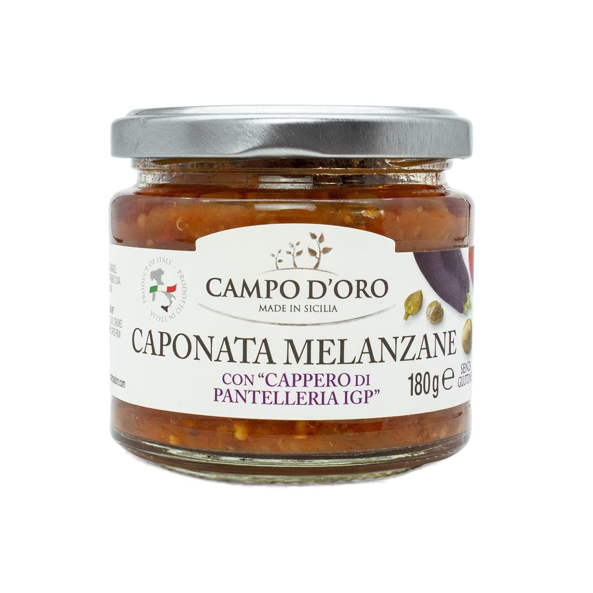 Sicilian Eggplant Caponata, Glass, Jar 6.3 oz. Sicilian recipe for antipasto, appetizer, side dish or pasta with Eggplant, Tomato, Onion, Celery, Olives and Capers. 100% Made in Italy, Campo D&#39;Oro
