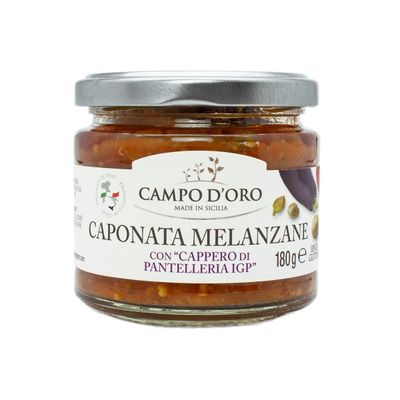 Sicilian Eggplant Caponata, Glass, Jar 6.3 oz. Sicilian recipe for antipasto, appetizer, side dish or pasta with Eggplant, Tomato, Onion, Celery, Olives and Capers. 100% Made in Italy, Campo D&#39;Oro