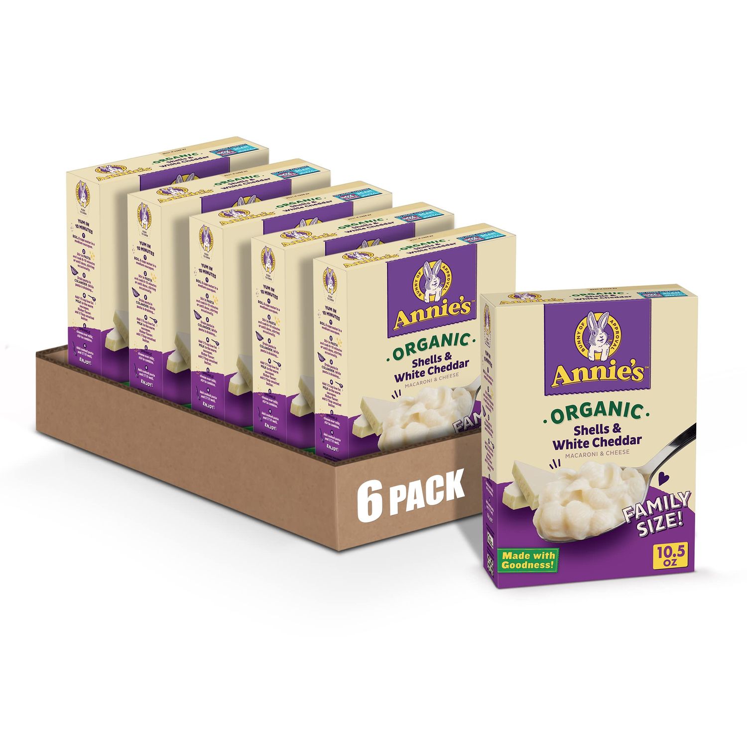 Annie&#39;s Organic Shells &amp; White Cheddar Macaroni and Cheese, Family Size, 10.5 oz. (Pack of 6)