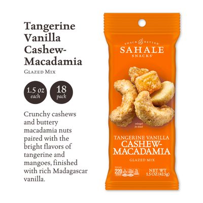 Sahale Snacks Tangerine Vanilla Cashew-Macadamia Glazed Mix,1.5 oz Grab & Go Bags(18 Packs)Dry-Roasted Deluxe Mixed Nuts with Mangoes & Madagascar Vanilla-Non-GMO,Kosher,& Certified Gluten Free Snacks