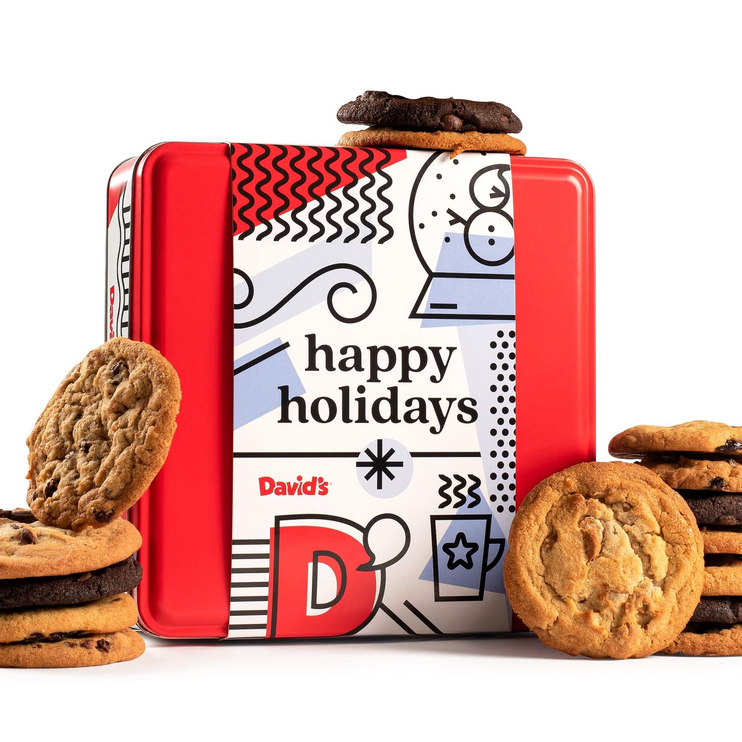 Davids Cookies Happy Holidays Assorted Cookies Gift Tin - 1lb Soft and Gourmet Christmas Cookies Tin - Freshly Baked Holiday Cookies Gift Basket - All Natural and Handmade Christmas Cookies