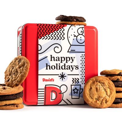 Davids Cookies Happy Holidays Assorted Cookies Gift Tin - 1lb Soft and Gourmet Christmas Cookies Tin - Freshly Baked Holiday Cookies Gift Basket - All Natural and Handmade Christmas Cookies