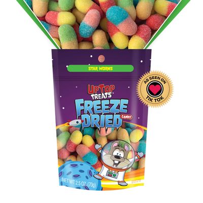 UpTop Treats Freeze Dried Candy, Star Worms, Crunchy Sour Gummy Worms for ASMR, Tart Neon Sour Candy Mini Gummies, Snacks for Kids &amp; Adults, Made in the USA, Small Bag for On The Go, 2.5 oz