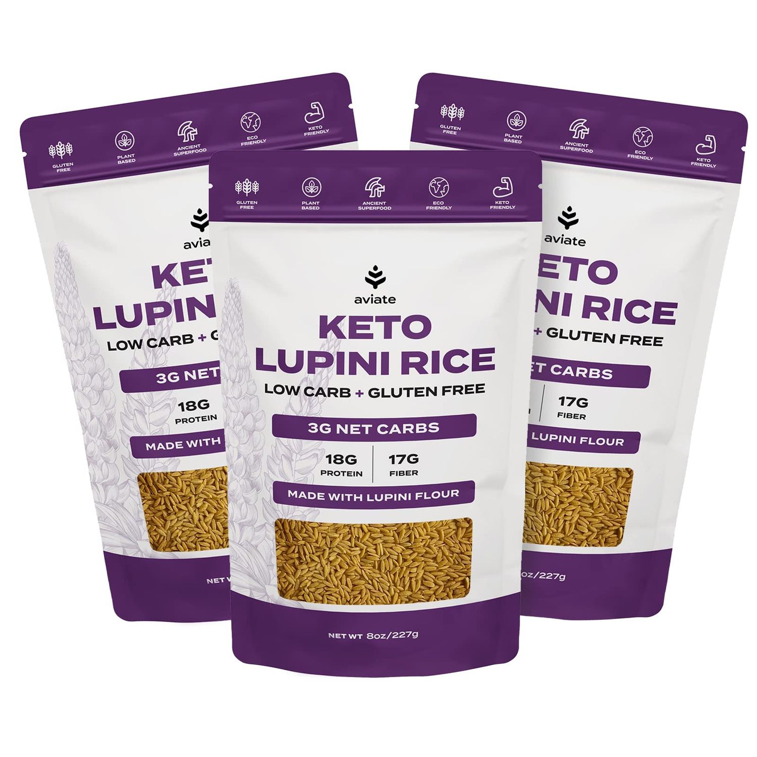 Aviate Keto Rice Orzo - Low Carb (3g Net) Lupini Rice/Pasta, High Protein (18g), Gluten-Free, Made with Lupin Flour, Plant Based Vegan, Keto-friendly - Slim Orzo Pasta Rice (8oz) (Pack of 3)