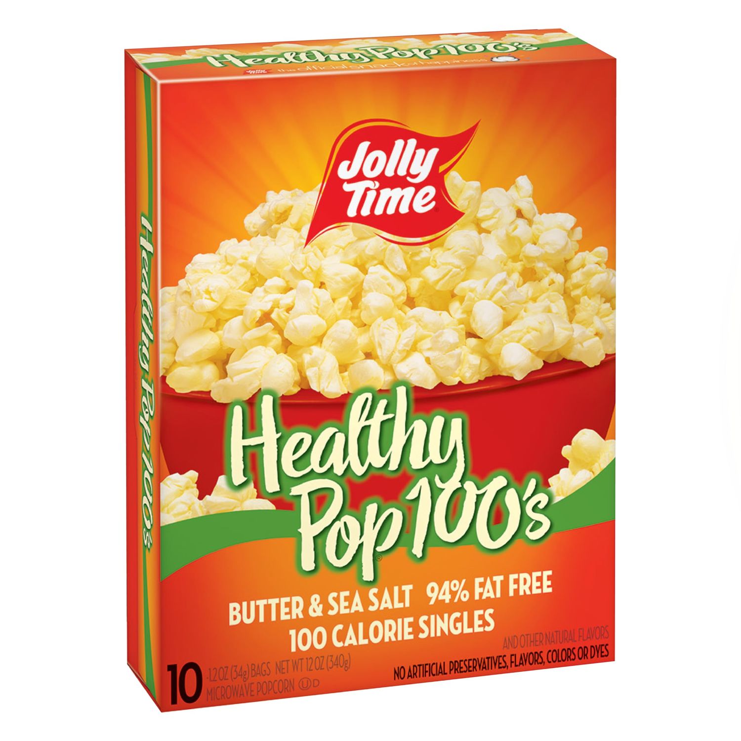 Jolly Time Healthy Pop Microwave Popcorn, 1.2oz Personal Bag, 10 Bags Per Carton (Healthy Pop 100&#39;s - Butter &amp; Sea Salt,1.2 Ounce (Pack of 10))