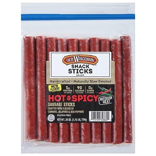 Old Wisconsin Hot &amp; Spicy Sausage Snack Sticks, 28oz Resealable Package, Naturally Smoked, Ready to Eat, High Protein, Low Carb, Keto, Gluten Free