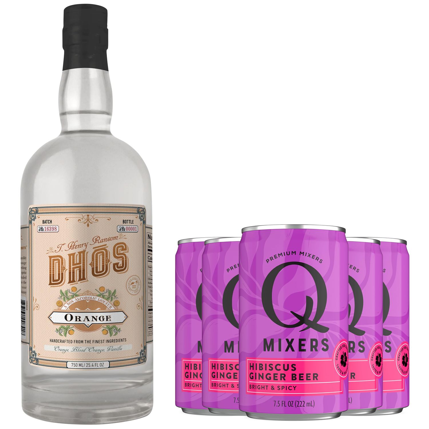 Dhos Handcrafted Non-Alcoholic Orange w 5 Pack Q Mixers Hibiscus Ginger Beer - Keto-Friendly, Zero Sugar, Zero Calories, Zero Proof - 750 ML - Perfect for Mocktails - Made in USA