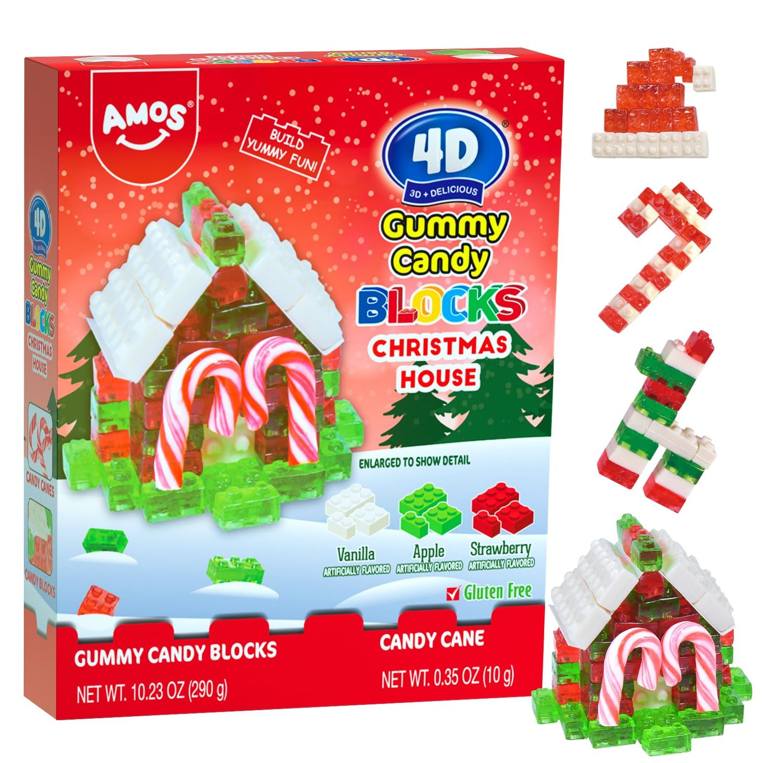 Amos 4D Christmas Candy Gummy Blocks, Edible Blocks Christmas House with Candy Canes, Fruit Snacks Gluten Free, Xmas-themed Stocking Stuffer, 10.58oz Pack (Random Packing)