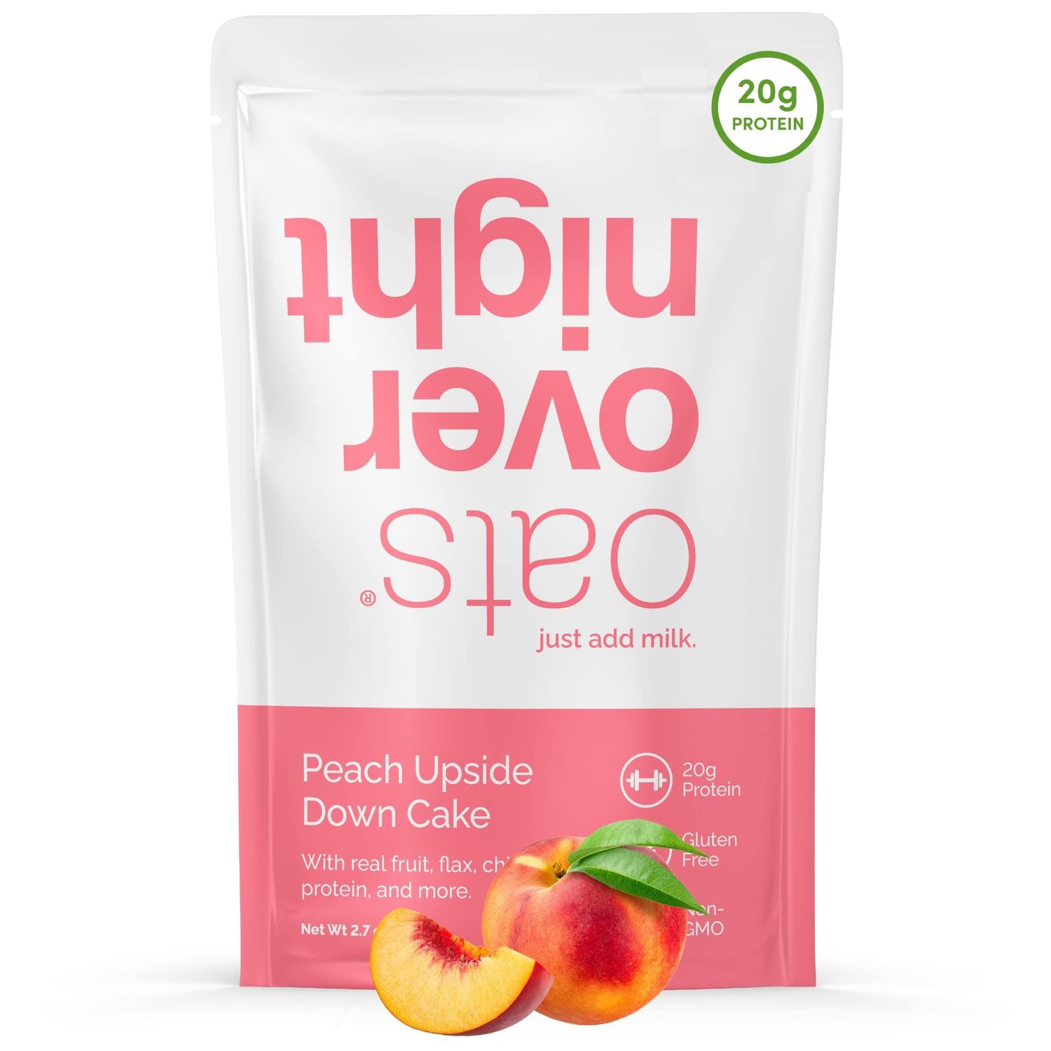 Oats Overnight - Peach Upside Down Cake - 20g Protein, High Fiber Breakfast Shake - Gluten Free, Non GMO Oatmeal (2.7 oz per meal) (16 Pack)