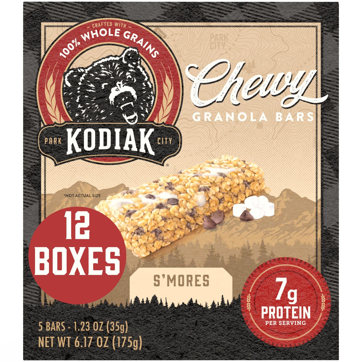 Kodiak Cakes Chewy Granola Snack Bars, S&#39;mores, High Protein, 100% Whole Grains, 12 boxes with 5 bars each (60 bars total)