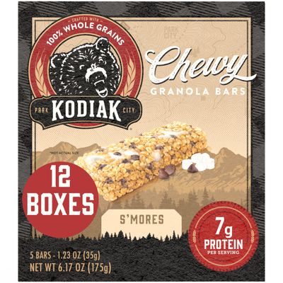 Kodiak Cakes Chewy Granola Snack Bars, S&#39;mores, High Protein, 100% Whole Grains, 12 boxes with 5 bars each (60 bars total)