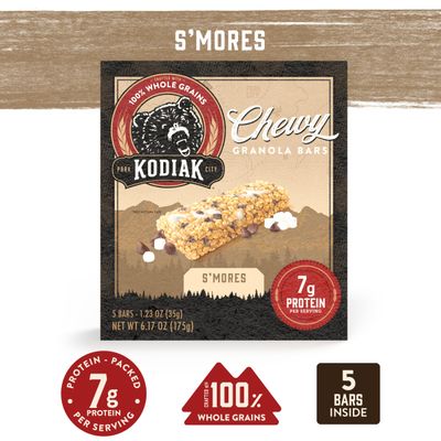 Kodiak Cakes Chewy Granola Snack Bars, S'mores, High Protein, 100% Whole Grains, 12 boxes with 5 bars each (60 bars total)