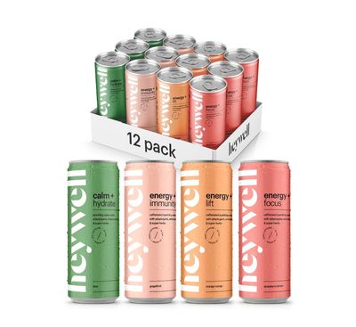 Heywell Sparkling Adaptogenic Water, Variety Pack 12 Fluid Ounce (Pack of 12) Includes - Lime, Grapefruit, Orange Mango, Strawberry Lemon - Calm Drink, Sparkling Drink