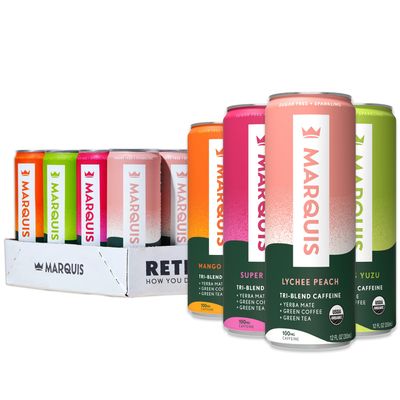 Marquis - Natural Energy Drink - Variety Pack - Sugar Free - 0 Calories - 100mg of Organic Plant Based Caffeine - Yerba Mate - Green Tea - Vitamin C &amp; B Vitamins - Vegan - 12 oz Cans - 12 Pack