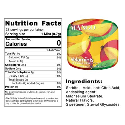 Velamints Sugar Free Mints - Expressions Mango Breath Mints Tin - Aspartame-Free Sweetened with Stevia, 20 Gram (Pack of 6 Tins)
