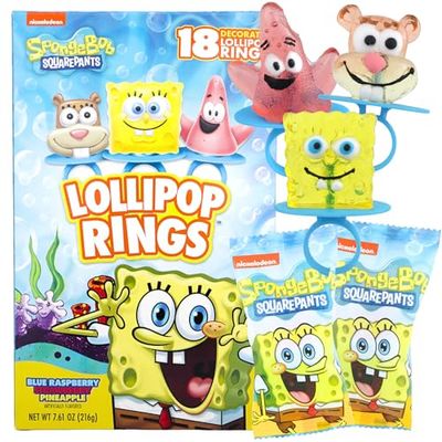 Imaginings 3 SpongeBob Squarepants Decorated Lollipop Rings, Patrick and Sandy, Individually Wrapped Candy for Birthday Party Favor, 18 Count