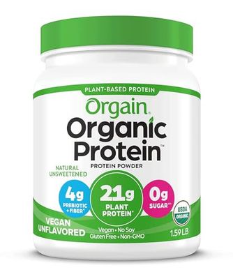 Orgain Organic Vegan Protein Powder, Natural Unsweetened - 21g of Plant Protein, 4g Prebiotic Fiber, Low Net Carbs, No Lactose Ingredients, No Added Sugar, Non-GMO, For Shakes &amp; Smoothies, 1.59 lb