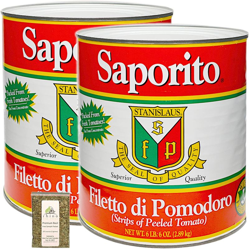 Stanislaus, Saporito Strips of Peeled Tomato (Delicate &amp; Tender Texture for Tantalizing Sauces), Size #10 (6 lb, 6 oz), 102 oz (Pack of 2) + Includes-Free Basil Leaves from Rhino Fine Foods.071 oz