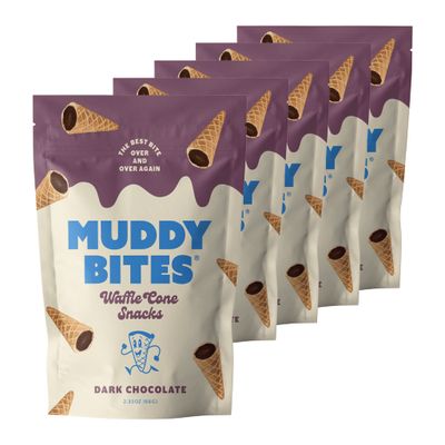 Muddy Bites Waffle Cone Snacks Bite Sized Chocolate Filled Waffle Cones for Snack or Dessert, Ice Cream Topping, Premium Chocolate made with Pure Cane Sugar, Non-GMO, Kosher (Dark Chocolate, 5 Bags)