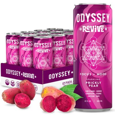 Odyssey Revive Sparkling Hydration Drink w/L Theanine, Lions Mane, Cordyceps and Electrolytes, Caffeine Free Natural Energy Drinks, Vegan, Non-GMO, Prickly Pear Flavor, 12 Fl oz, 12 Pack