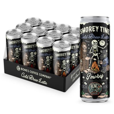 Bones Coffee Company S&#39;morey Time Iced Coffee Latte S&#39;mores Flavored Coffee, 11 Fl Oz Ready To Drink Latte, Cold Canned Coffee Drinks, Coffee On-the-Go (12 Pack)
