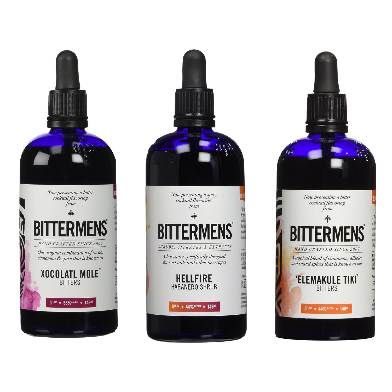 Bittermens Best Sellers Bundle: Xocolatl Mole, Hellfire Habanero, Elemakule Tiki, 5oz - All Natural Bitters to Make Your Cocktail a Modern Classic