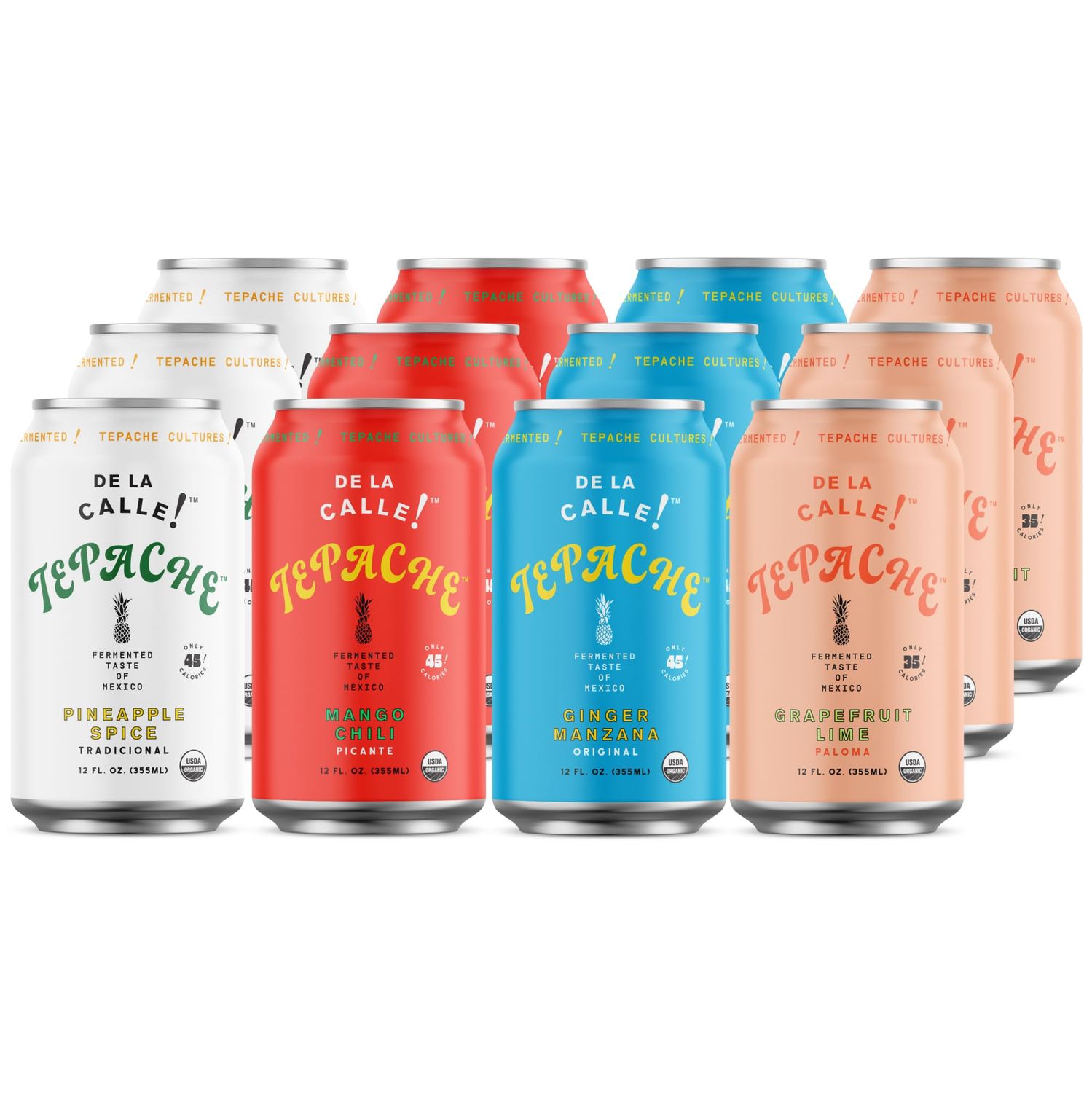 De La Calle Tepache - Naturally Fermented Pineapple Beverage, Antioxidant Rich, Certified Organic, Fermented, Low Sugar (Core Variety Pack) - Sparkling Juice - 12-Pack