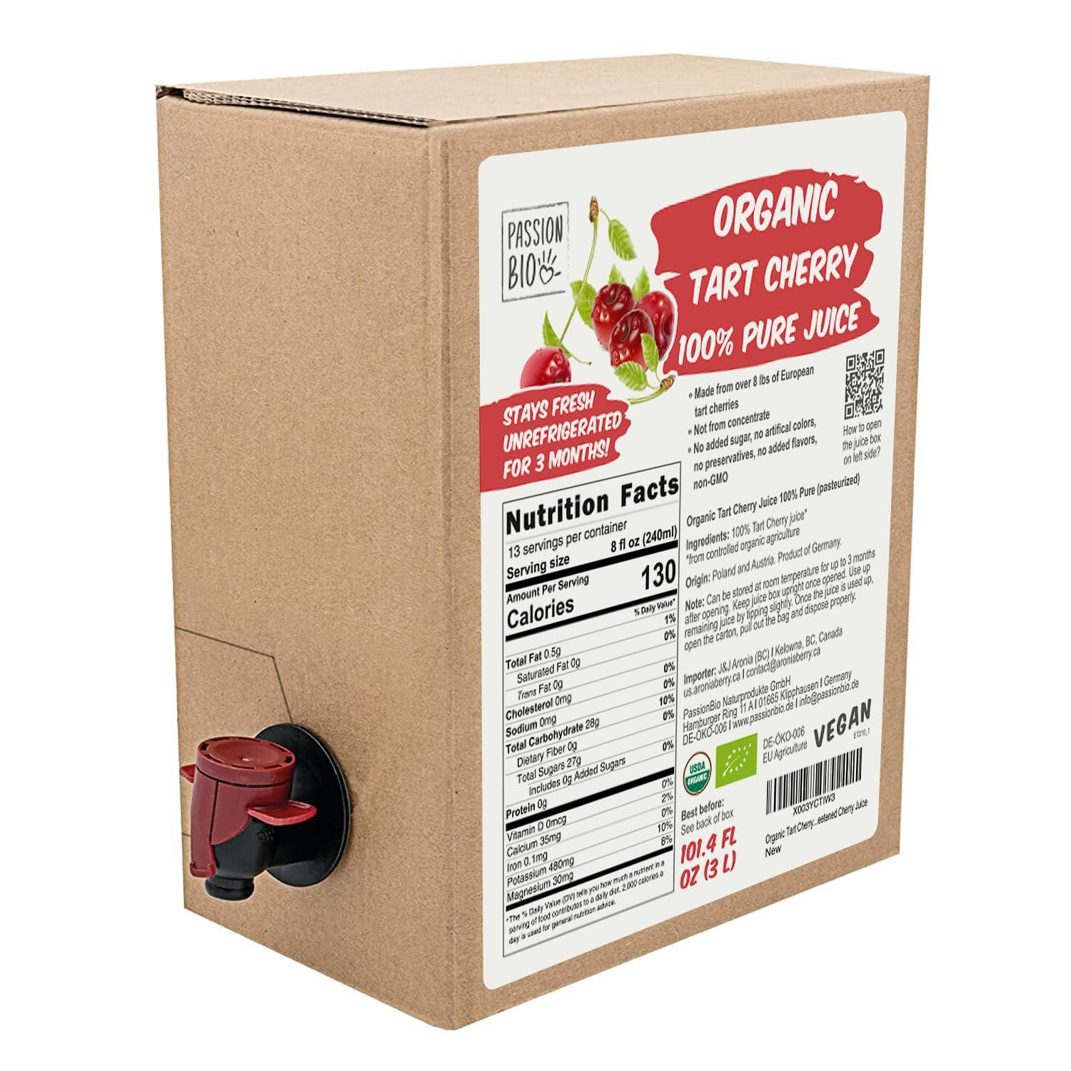 Organic Tart Cherry Juice Box 101.4 Fl Oz | 100% Pure Tart Cherry Juice, No Added Sugar, Not From Concentrate | Vegan, Organic, Non GMO, Natural Unsweetened Cherry Juice