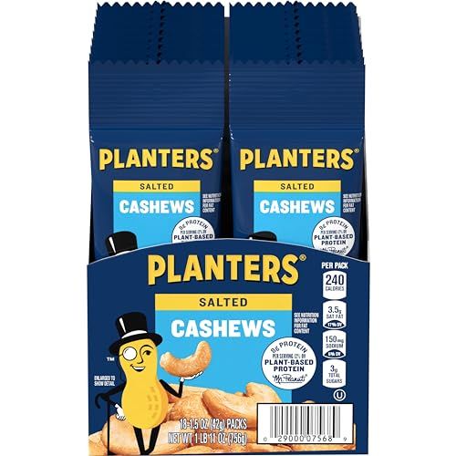 PLANTERS Cashews Salted, Plant-Based Protein, Individually Packed Snacks, Quick Snack for Adults, After School Snack, Roasted Cashew, Flavored with Sea Salt, Kosher, 1.5oz Bags (18 Pack)