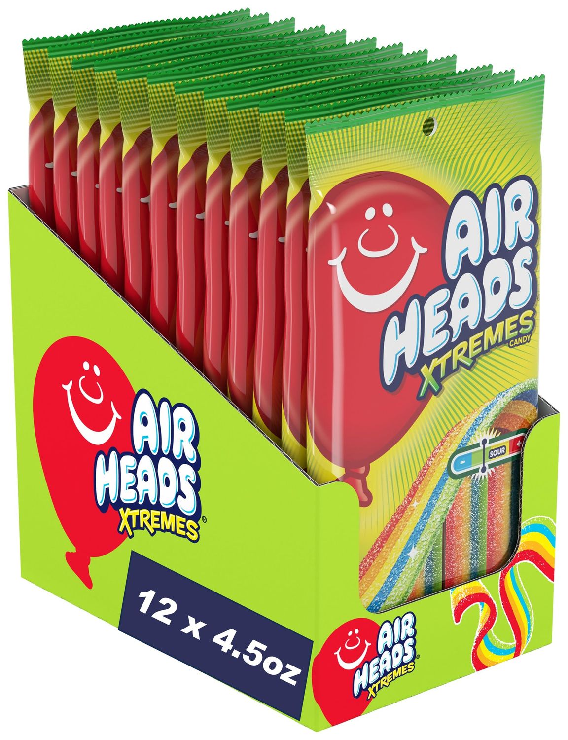 Airheads Xtremes Belts Sweetly Sour Candy, Rainbow Berry, Holiday Christmas Stocking Stuffers for Adults &amp; Kids, Non-Melting, Bulk Party Bag, 4.5 oz (Bulk Pack of 12)