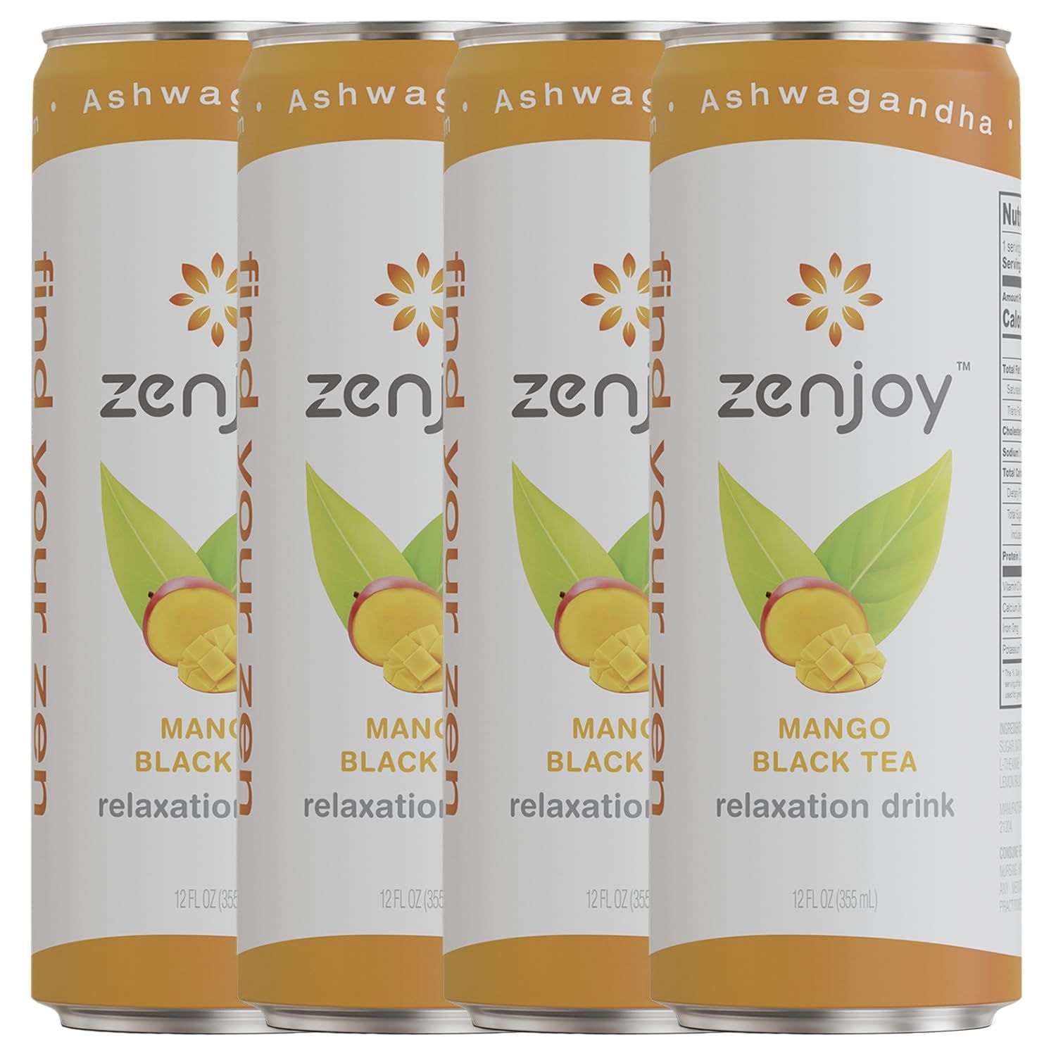 Zenjoy Mango Black Tea Relaxation Drink 4 Pack - Calming Drink with Ashwagandha &amp; Lemon Balm - Non-Alcoholic Beverage Infused with L-Theanine for Enhanced Focus - 12oz Cans