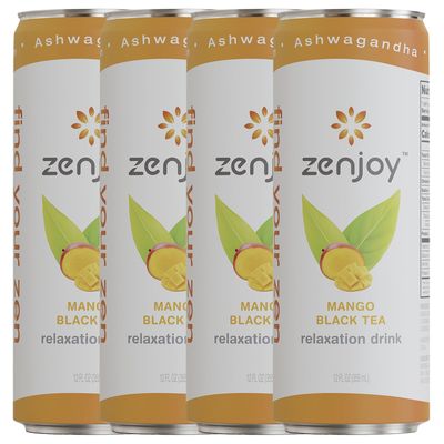 Zenjoy Mango Black Tea Relaxation Drink 4 Pack - Calming Drink with Ashwagandha &amp; Lemon Balm - Non-Alcoholic Beverage Infused with L-Theanine for Enhanced Focus - 12oz Cans