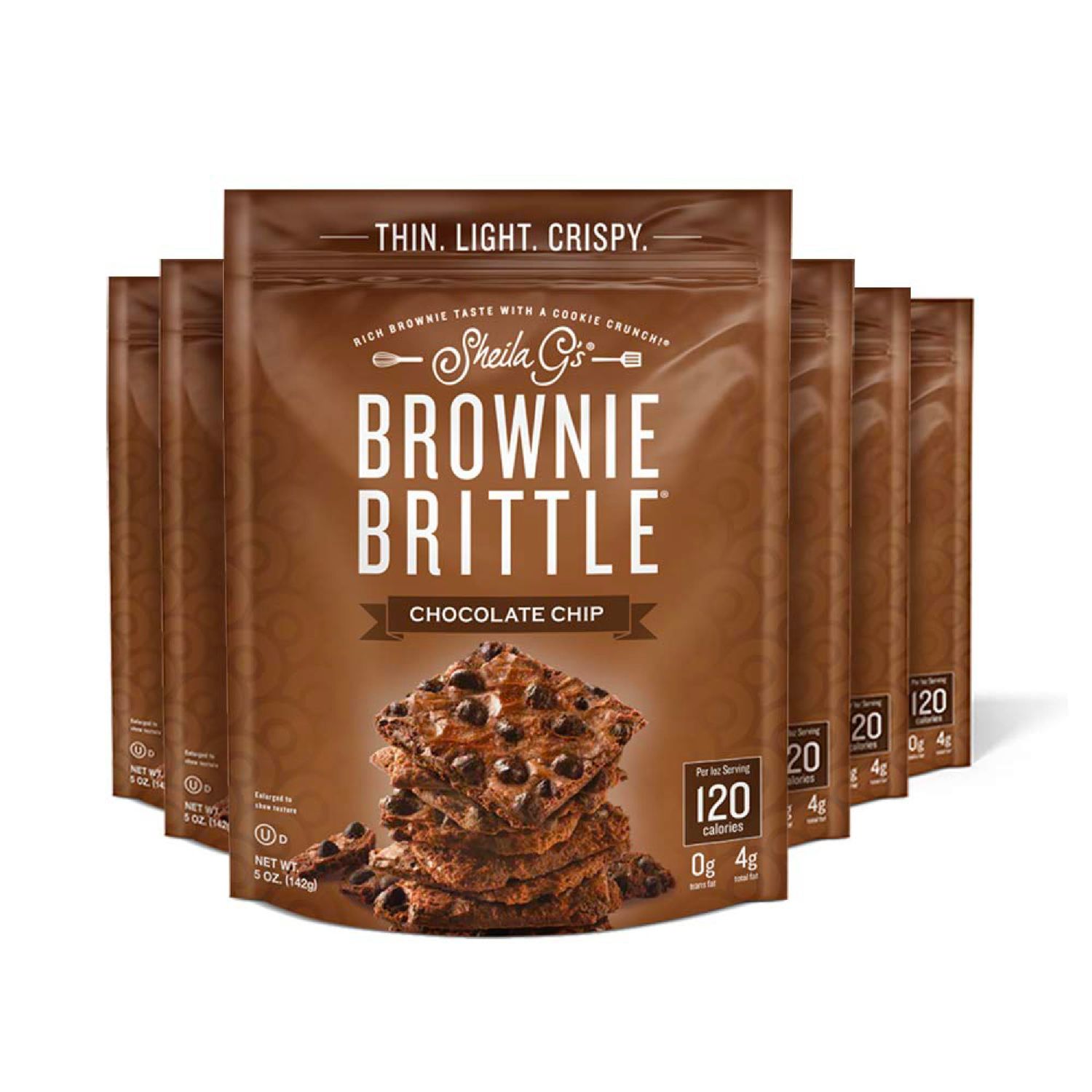 Sheila G&#39;s Brownie Brittle - Original Chocolate Chip Thin and Crispy Sweet Snacks (Pack of 6, 5 oz), Rich Gourmet Brownie Bites Dessert