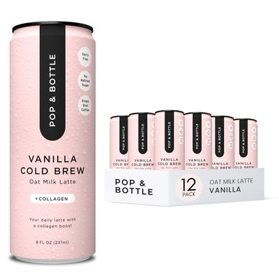 Pop  Bottle Oat Milk Vanilla Lattes  Cold Brew Marine Collagen MCT Oil Oat Milk Organic Dairy Free Gluten Free Vegan Great as Iced Coffee Lightly Sweetened with Dates  8 Fl Oz 12 Pack