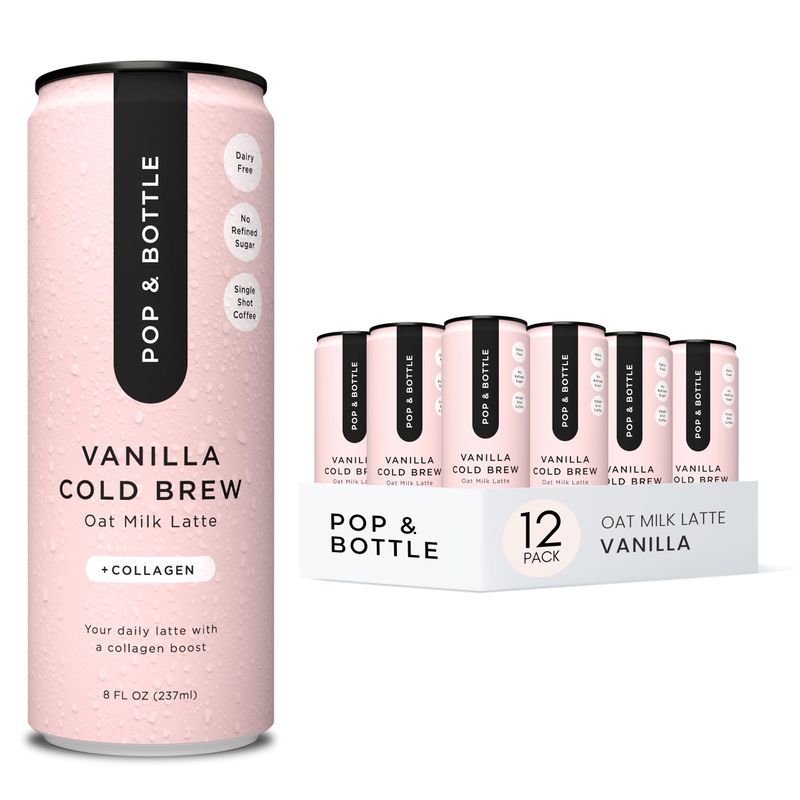 Pop  Bottle Oat Milk Vanilla Lattes  Cold Brew Marine Collagen MCT Oil Oat Milk Organic Dairy Free Gluten Free Vegan Great as Iced Coffee Lightly Sweetened with Dates  8 Fl Oz 12 Pack