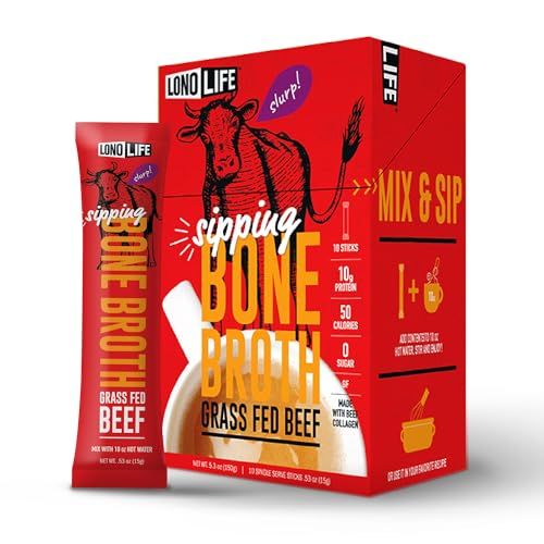 LonoLife Beef Bone Broth Powder Mix | Grass-Fed, 10g Protein | Collagen-Rich, Keto &amp; Paleo Friendly | Natural Ingredients | 10 Portable Stick Pack Servings