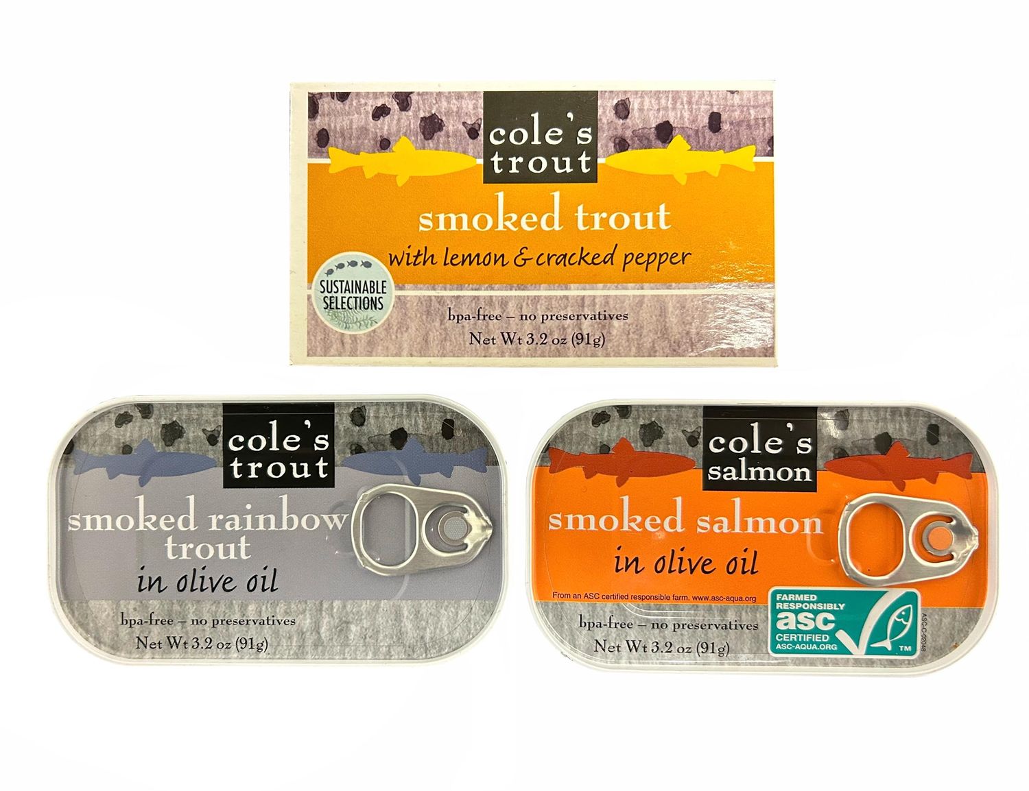 COLE&#39;S Canned Seafood Variety Pack - Canned Salmon Wild Caught Boneless Skinless Smoked Rainbow Trout in Olive Oil Smoked Trout with Lemon and Cracked Pepper Gluten Free Preservative Free Canned Fish